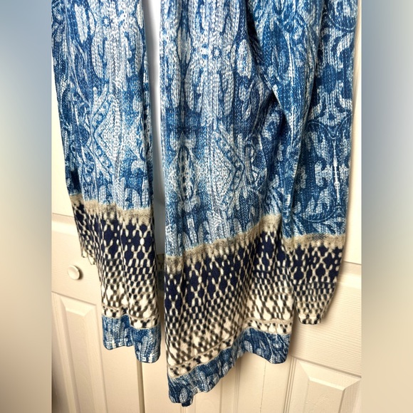 CHICOS Mixed Paisley Maizy Cardigan Sweater Long Blue Ivory Open Front Thin Knit - Picture 5 of 14